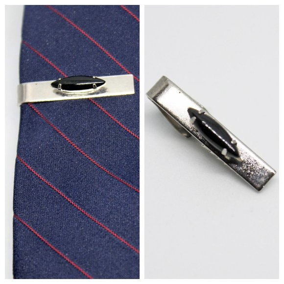 Vintage Silver & Black Marquis Cabachon Rectangle Tie Clip | Father's Day Gift - Picture 1 of 9